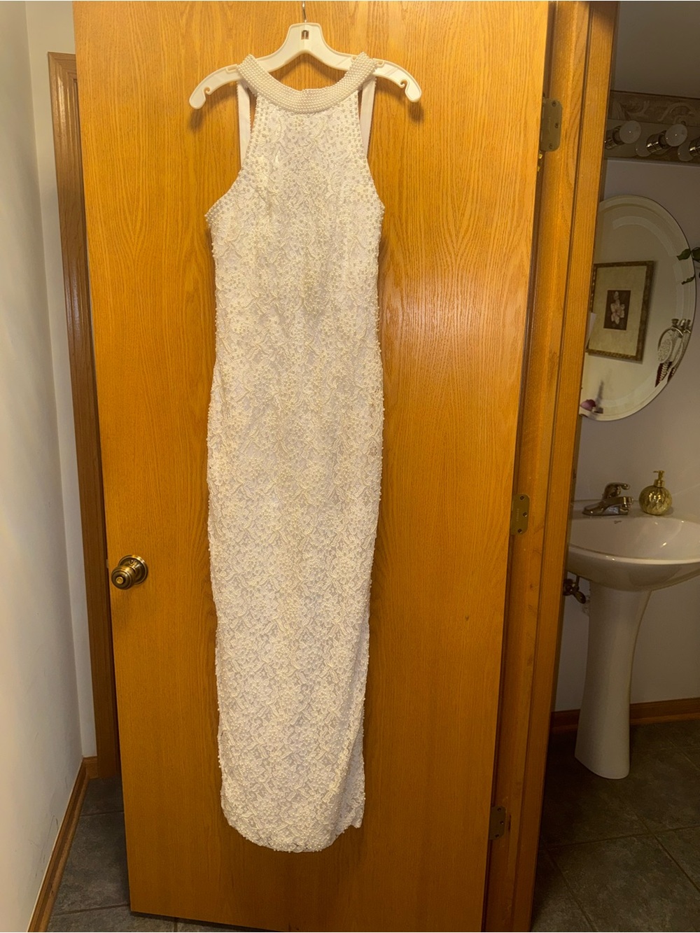 David's Bridal Ivory Beaded Halter Maxi Gown